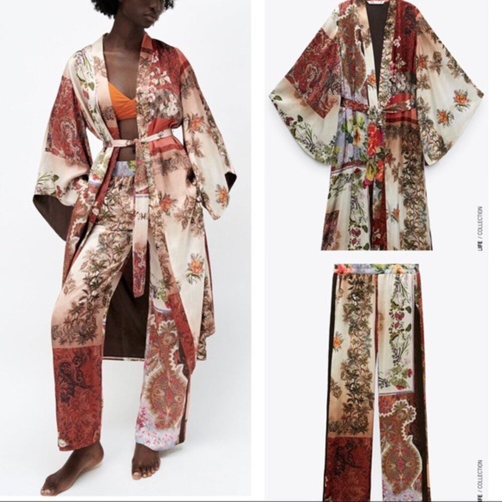 Zara Long Belted Patchwork Print Kimono Size S Boho Duster